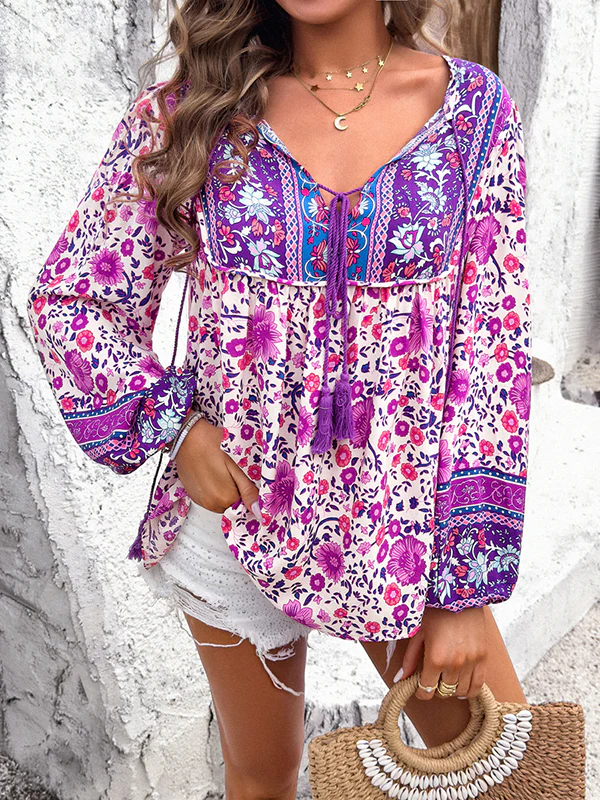 Long Sleeves Loose Contrast Color Elasticity Pleated Split-Joint Tied V-Neck Blouses&Shirts Tops - Image 11