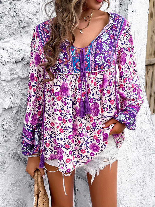 Long Sleeves Loose Contrast Color Elasticity Pleated Split-Joint Tied V-Neck Blouses&Shirts Tops - Image 12