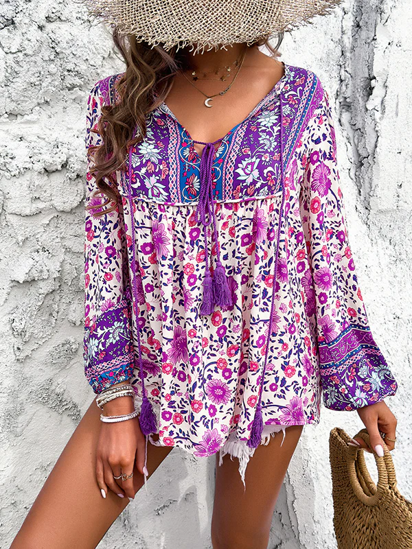 Long Sleeves Loose Contrast Color Elasticity Pleated Split-Joint Tied V-Neck Blouses&Shirts Tops - Image 13