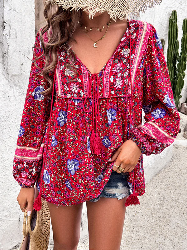 Long Sleeves Loose Contrast Color Elasticity Pleated Split-Joint Tied V-Neck Blouses&Shirts Tops - Image 2