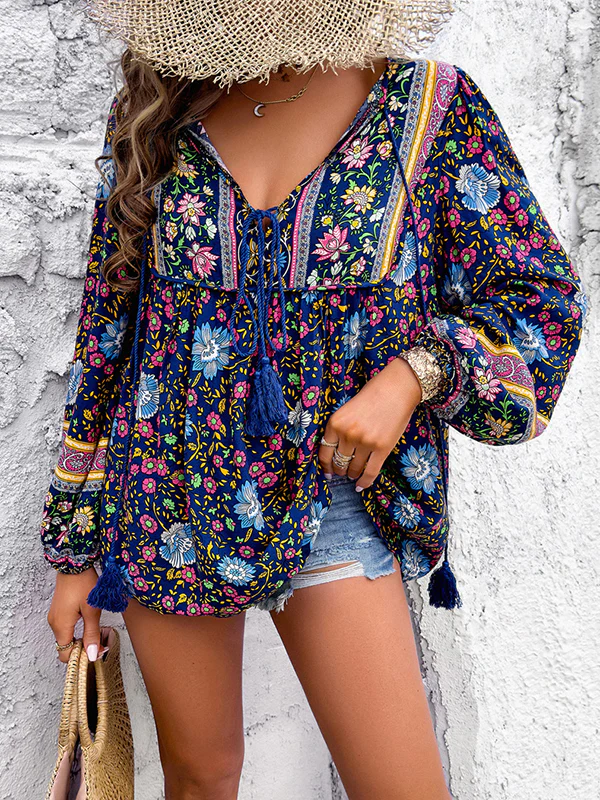 Long Sleeves Loose Contrast Color Elasticity Pleated Split-Joint Tied V-Neck Blouses&Shirts Tops - Image 3