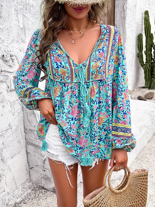 Long Sleeves Loose Contrast Color Elasticity Pleated Split-Joint Tied V-Neck Blouses&Shirts Tops - Image 5
