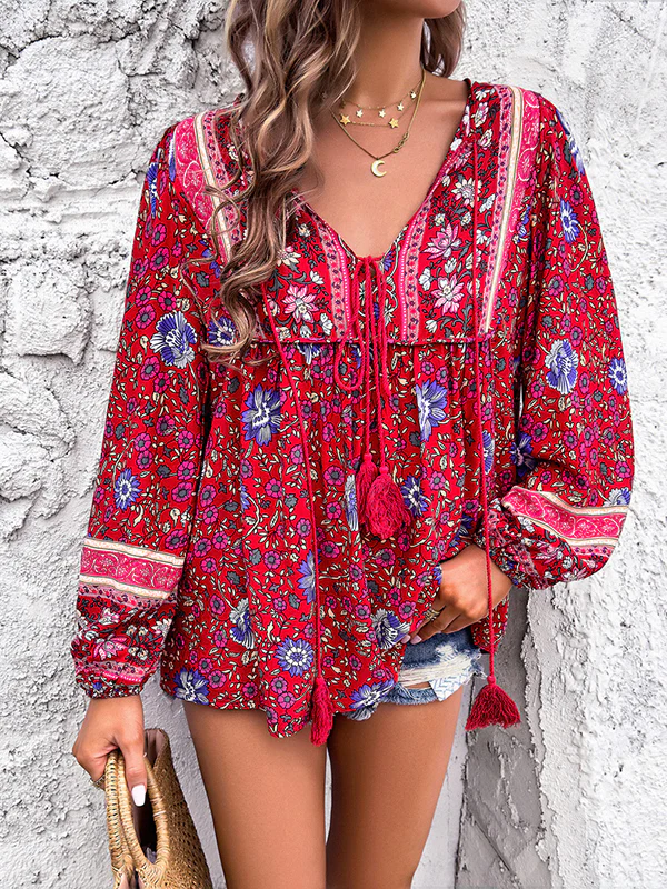 Long Sleeves Loose Contrast Color Elasticity Pleated Split-Joint Tied V-Neck Blouses&Shirts Tops - Image 8