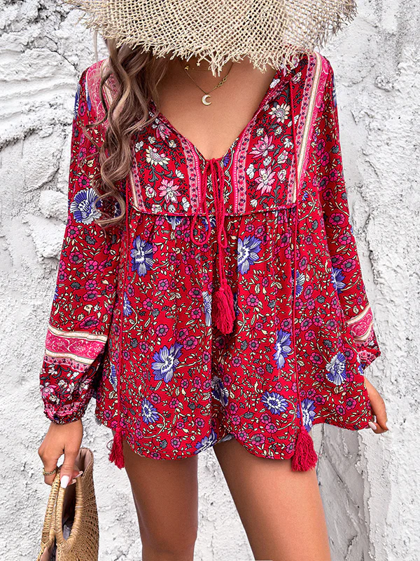 Long Sleeves Loose Contrast Color Elasticity Pleated Split-Joint Tied V-Neck Blouses&Shirts Tops - Image 9