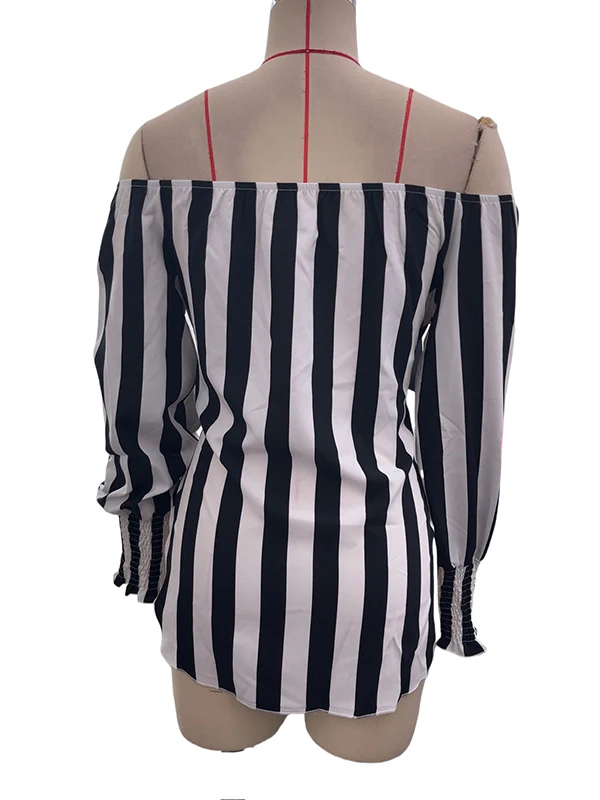 Long Sleeves Loose Contrast Color Elasticity Split-Joint Striped Tied Waist Off-The-Shoulder Blouses&Shirts Tops - Image 10