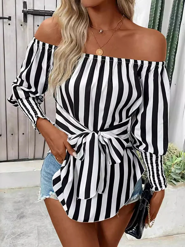 Long Sleeves Loose Contrast Color Elasticity Split-Joint Striped Tied Waist Off-The-Shoulder Blouses&Shirts Tops - Image 2
