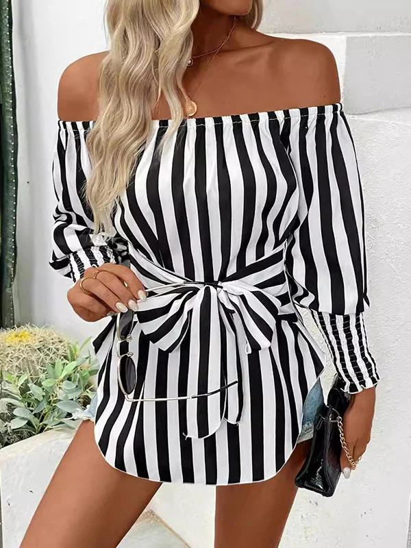 Long Sleeves Loose Contrast Color Elasticity Split-Joint Striped Tied Waist Off-The-Shoulder Blouses&Shirts Tops - Image 3