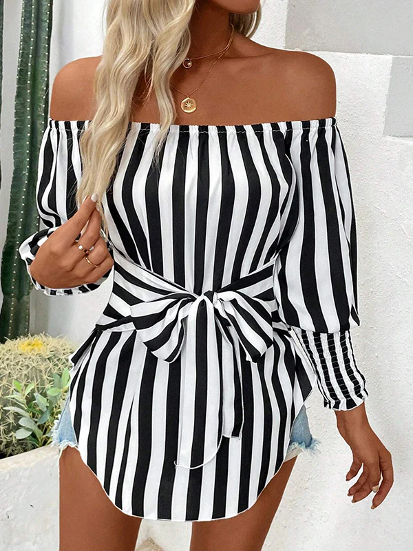 Long Sleeves Loose Contrast Color Elasticity Split-Joint Striped Tied Waist Off-The-Shoulder Blouses&Shirts Tops - Image 4