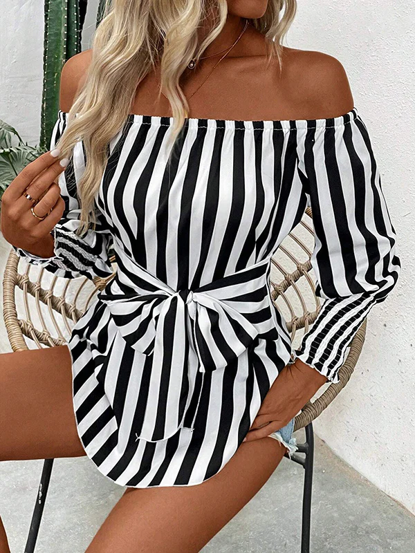 Long Sleeves Loose Contrast Color Elasticity Split-Joint Striped Tied Waist Off-The-Shoulder Blouses&Shirts Tops - Image 5