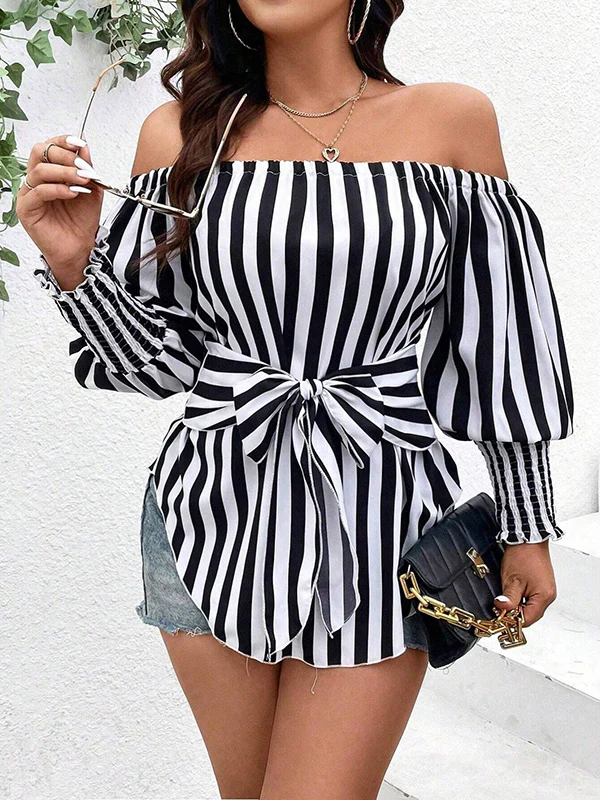 Long Sleeves Loose Contrast Color Elasticity Split-Joint Striped Tied Waist Off-The-Shoulder Blouses&Shirts Tops - Image 6