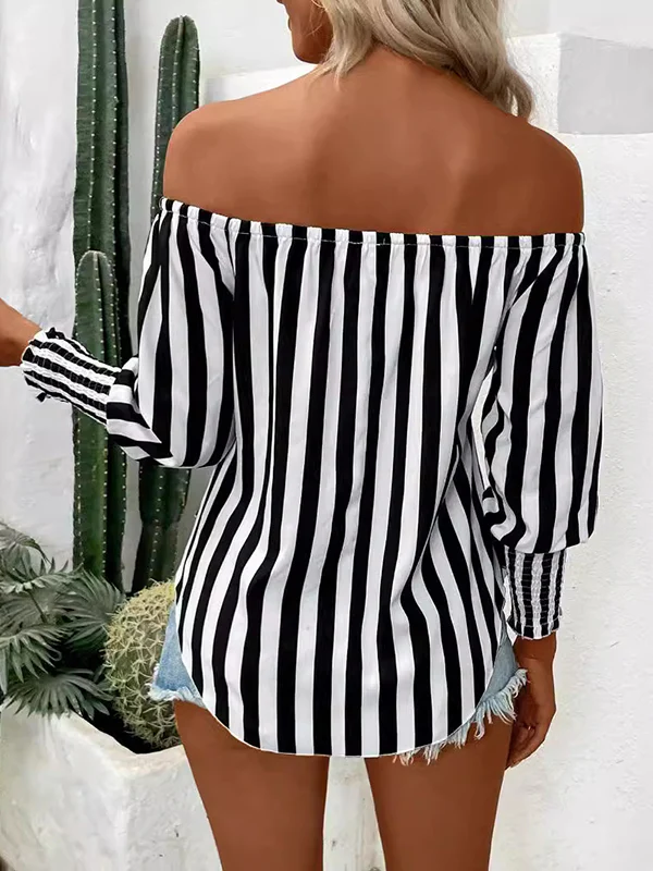 Long Sleeves Loose Contrast Color Elasticity Split-Joint Striped Tied Waist Off-The-Shoulder Blouses&Shirts Tops - Image 7