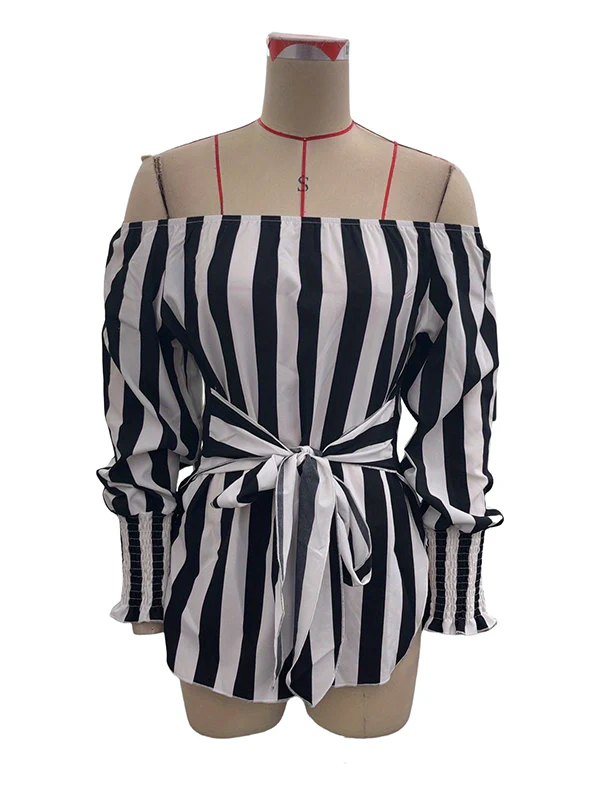 Long Sleeves Loose Contrast Color Elasticity Split-Joint Striped Tied Waist Off-The-Shoulder Blouses&Shirts Tops - Image 8