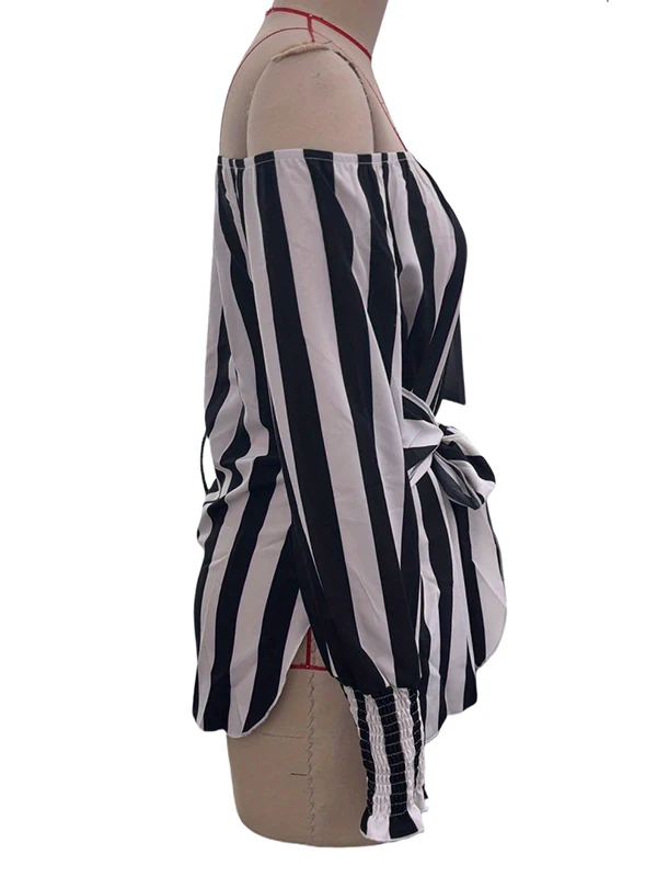 Long Sleeves Loose Contrast Color Elasticity Split-Joint Striped Tied Waist Off-The-Shoulder Blouses&Shirts Tops - Image 9