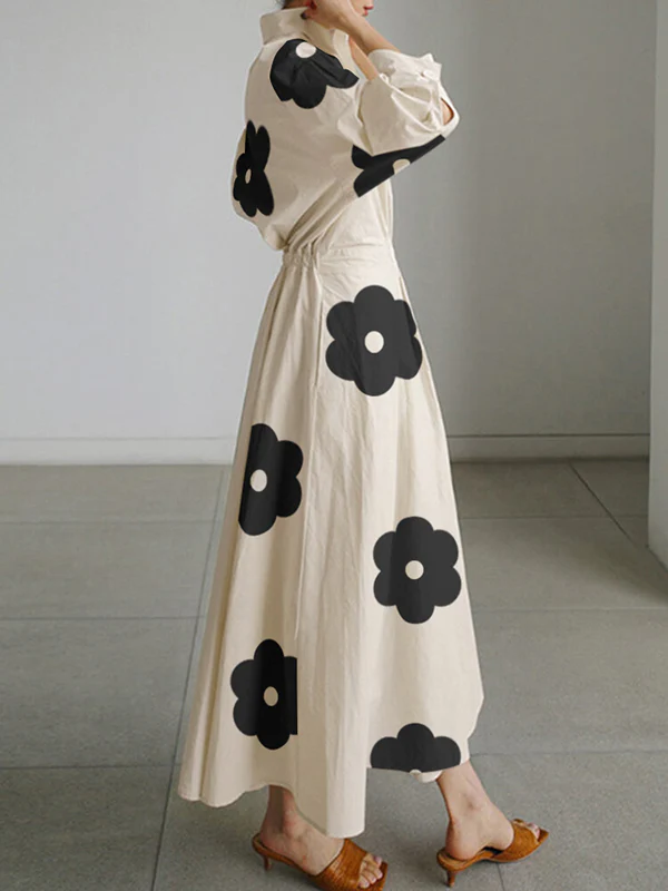 Long Sleeves Loose Contrast Color Floral Printed Pleated Tied Waist Lapel Shirt Dress - Image 2