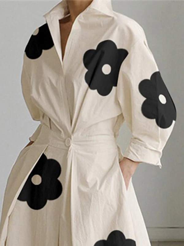 Long Sleeves Loose Contrast Color Floral Printed Pleated Tied Waist Lapel Shirt Dress - Image 3
