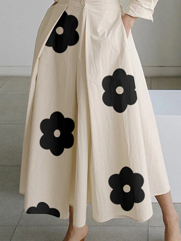 Long Sleeves Loose Contrast Color Floral Printed Pleated Tied Waist Lapel Shirt Dress - Image 4