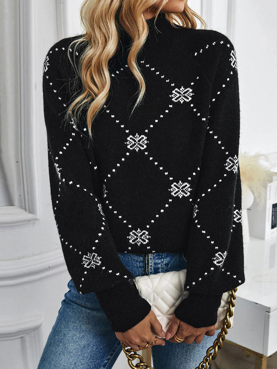 Long Sleeves Loose Contrast Color Flower Print Geometric Split-Joint Half Turtleneck Sweater Tops - Image 3