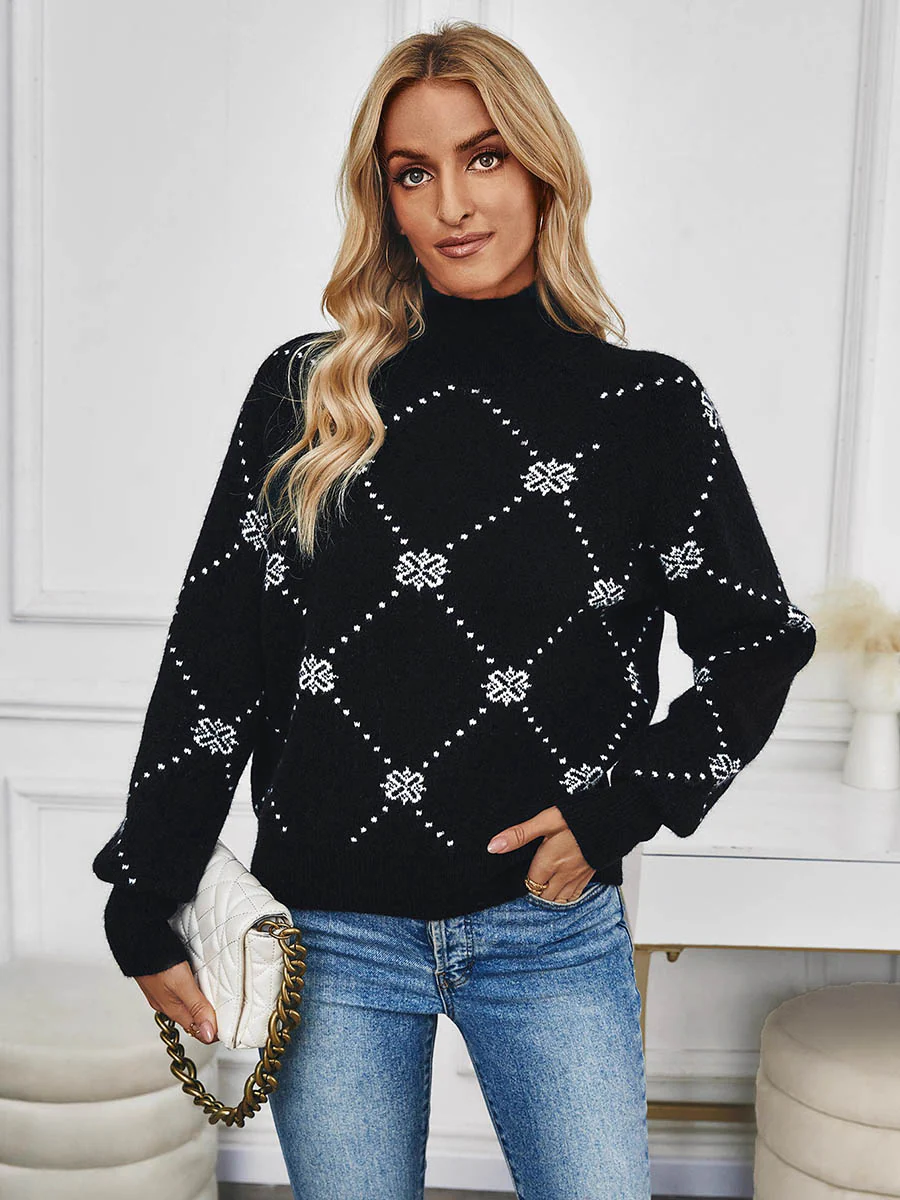 Long Sleeves Loose Contrast Color Flower Print Geometric Split-Joint Half Turtleneck Sweater Tops - Image 5