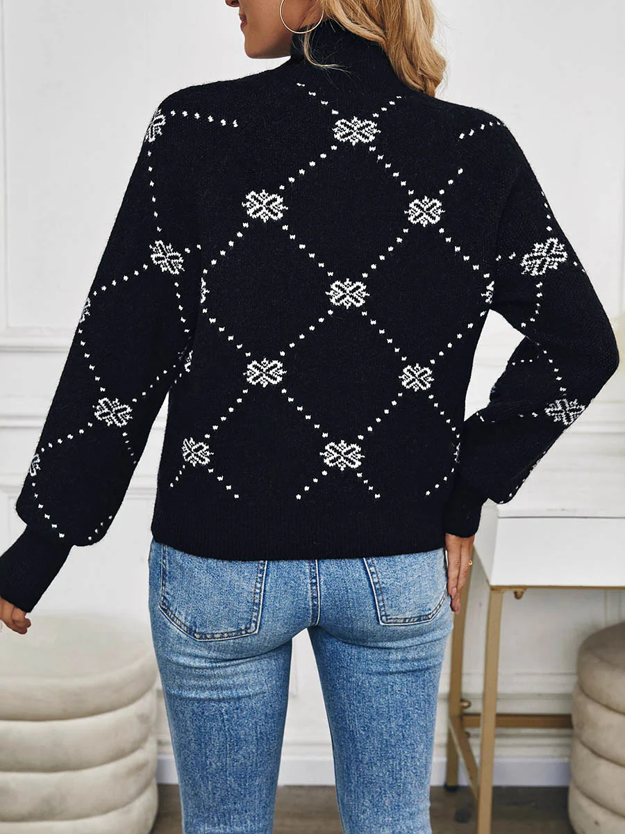 Long Sleeves Loose Contrast Color Flower Print Geometric Split-Joint Half Turtleneck Sweater Tops - Image 6