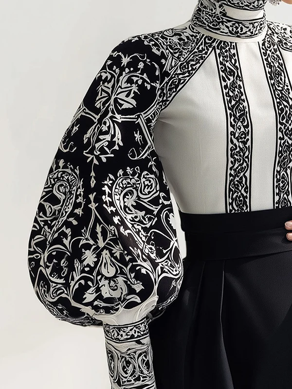 Long Sleeves Loose Contrast Color Flower Print High Neck Blouses&Shirts Tops - Image 2