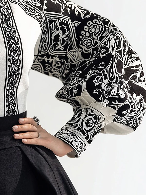 Long Sleeves Loose Contrast Color Flower Print High Neck Blouses&Shirts Tops - Image 3