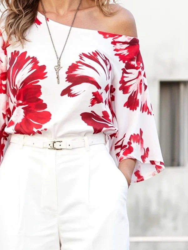 Long Sleeves Loose Contrast Color Flower Print One-Shoulder Blouses&Shirts Tops - Image 2