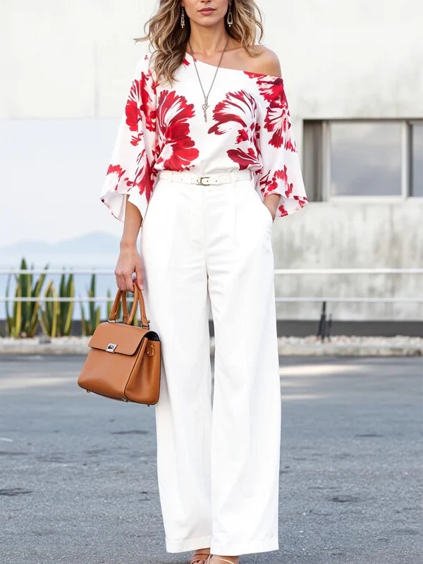 Long Sleeves Loose Contrast Color Flower Print One-Shoulder Blouses&Shirts Tops - Image 3