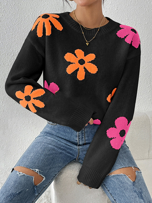 Long Sleeves Loose Contrast Color Flower Print Round-Neck Sweater Tops - Image 2