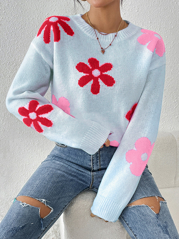 Long Sleeves Loose Contrast Color Flower Print Round-Neck Sweater Tops - Image 3