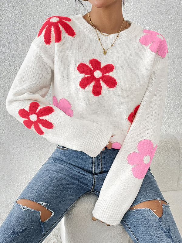 Long Sleeves Loose Contrast Color Flower Print Round-Neck Sweater Tops - Image 4