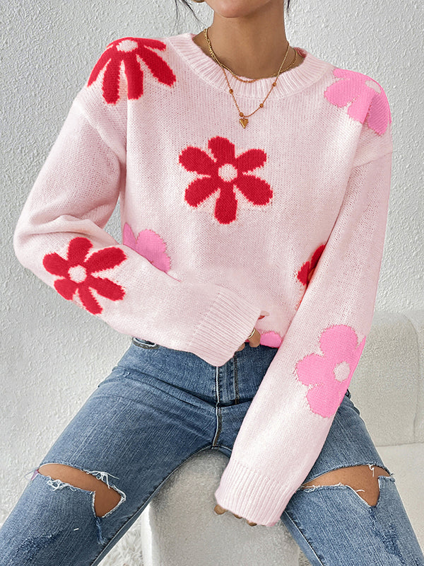 Long Sleeves Loose Contrast Color Flower Print Round-Neck Sweater Tops - Image 5