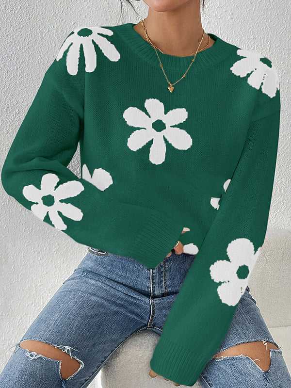 Long Sleeves Loose Contrast Color Flower Print Round-Neck Sweater Tops - Image 8