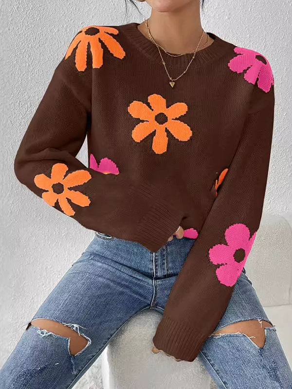 Long Sleeves Loose Contrast Color Flower Print Round-Neck Sweater Tops - Image 9