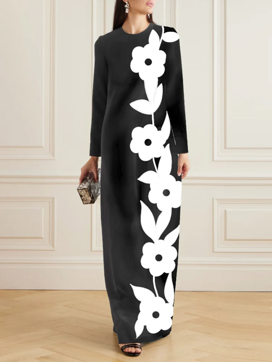 Long Sleeves Loose Contrast Color Flower Print Split-Joint Round-Neck Maxi Dresses