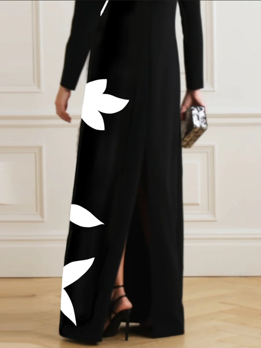 Long Sleeves Loose Contrast Color Flower Print Split-Joint Round-Neck Maxi Dresses - Image 3