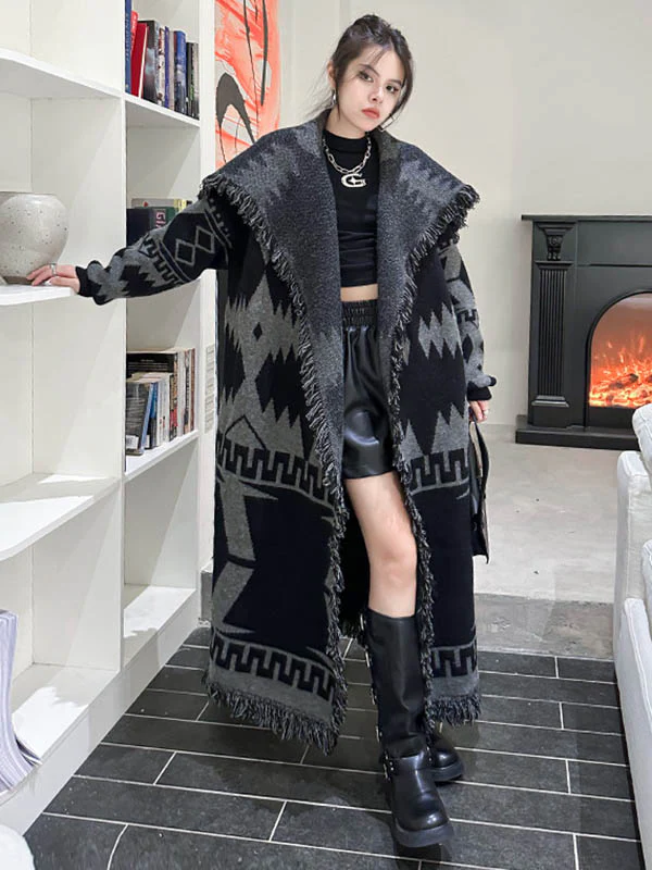 Long Sleeves Loose Contrast Color Geometric Split-Joint Tasseled Lapel Outerwear Overcoat - Image 10