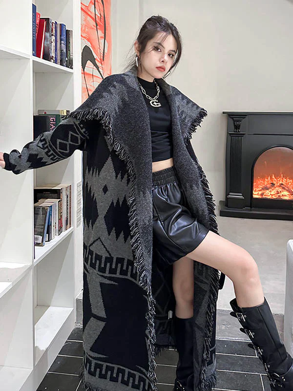 Long Sleeves Loose Contrast Color Geometric Split-Joint Tasseled Lapel Outerwear Overcoat - Image 11