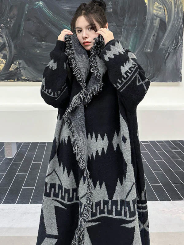 Long Sleeves Loose Contrast Color Geometric Split-Joint Tasseled Lapel Outerwear Overcoat - Image 12