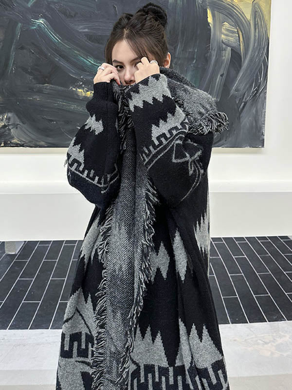 Long Sleeves Loose Contrast Color Geometric Split-Joint Tasseled Lapel Outerwear Overcoat - Image 13