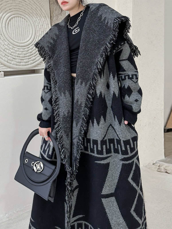 Long Sleeves Loose Contrast Color Geometric Split-Joint Tasseled Lapel Outerwear Overcoat - Image 14