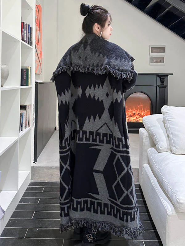 Long Sleeves Loose Contrast Color Geometric Split-Joint Tasseled Lapel Outerwear Overcoat - Image 15