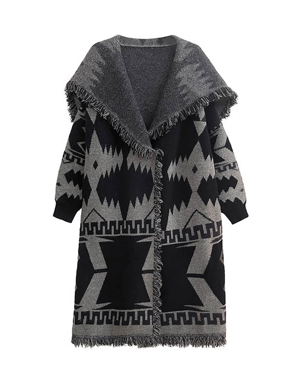 Long Sleeves Loose Contrast Color Geometric Split-Joint Tasseled Lapel Outerwear Overcoat - Image 16