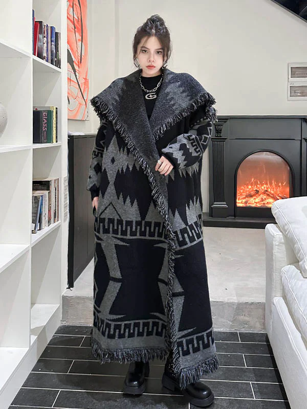 Long Sleeves Loose Contrast Color Geometric Split-Joint Tasseled Lapel Outerwear Overcoat - Image 2