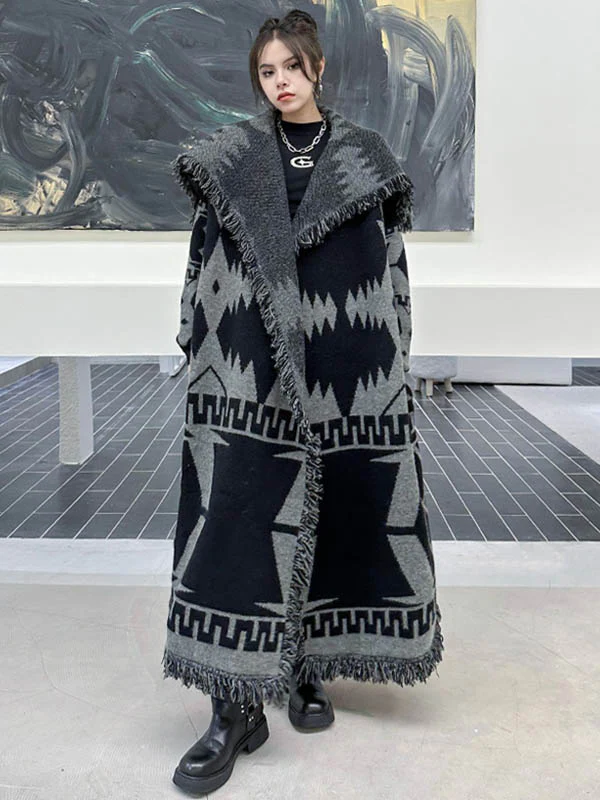 Long Sleeves Loose Contrast Color Geometric Split-Joint Tasseled Lapel Outerwear Overcoat - Image 3