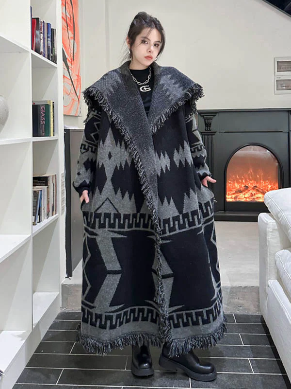Long Sleeves Loose Contrast Color Geometric Split-Joint Tasseled Lapel Outerwear Overcoat - Image 4