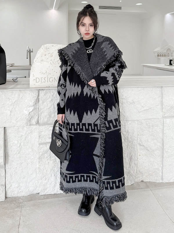 Long Sleeves Loose Contrast Color Geometric Split-Joint Tasseled Lapel Outerwear Overcoat - Image 5