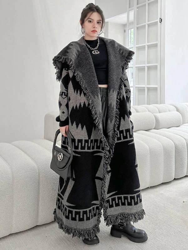 Long Sleeves Loose Contrast Color Geometric Split-Joint Tasseled Lapel Outerwear Overcoat - Image 6