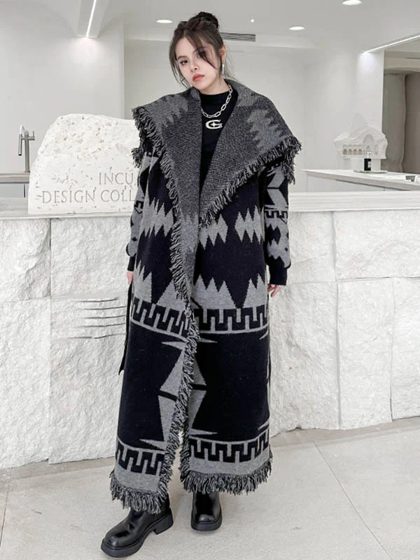 Long Sleeves Loose Contrast Color Geometric Split-Joint Tasseled Lapel Outerwear Overcoat - Image 7