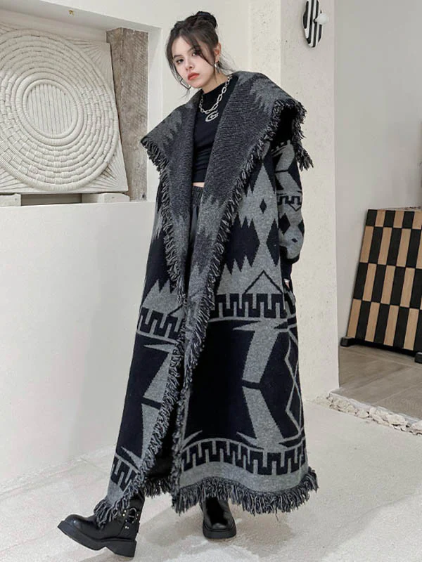 Long Sleeves Loose Contrast Color Geometric Split-Joint Tasseled Lapel Outerwear Overcoat - Image 8