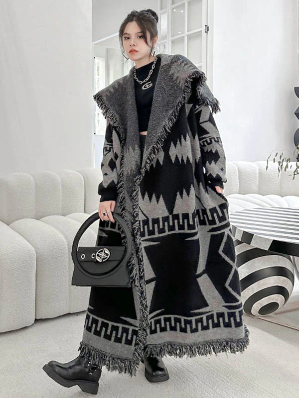 Long Sleeves Loose Contrast Color Geometric Split-Joint Tasseled Lapel Outerwear Overcoat - Image 9